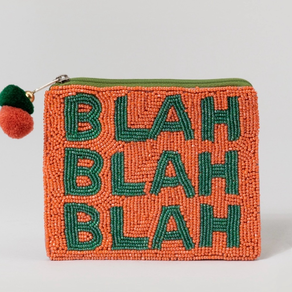 BLAH BLAH BLAH Beaded Coin Pouch. Green & Orange